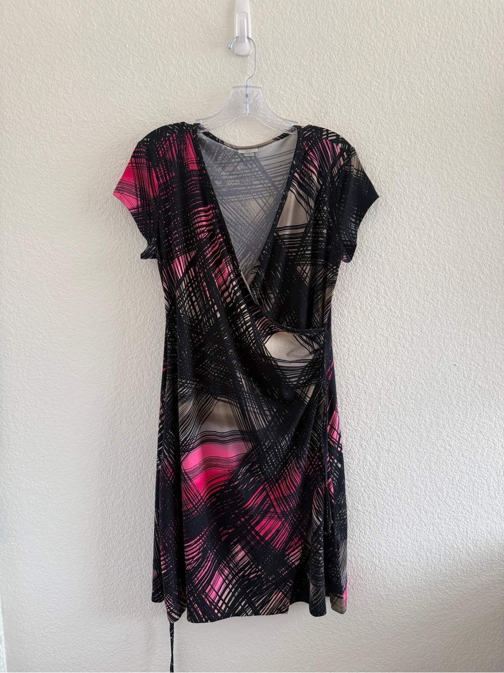 Worthington Black, Tan and Pink Abstract Short Sleeve Wrap Dress